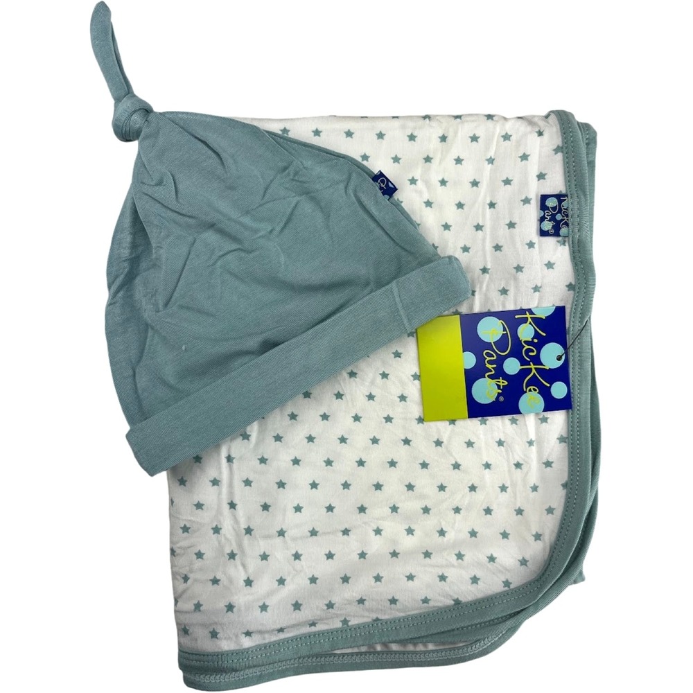 KicKee Pants Tiny Stars Bamboo Swaddle Blanket‎ Knot Hat Set Newborn Infant NWT